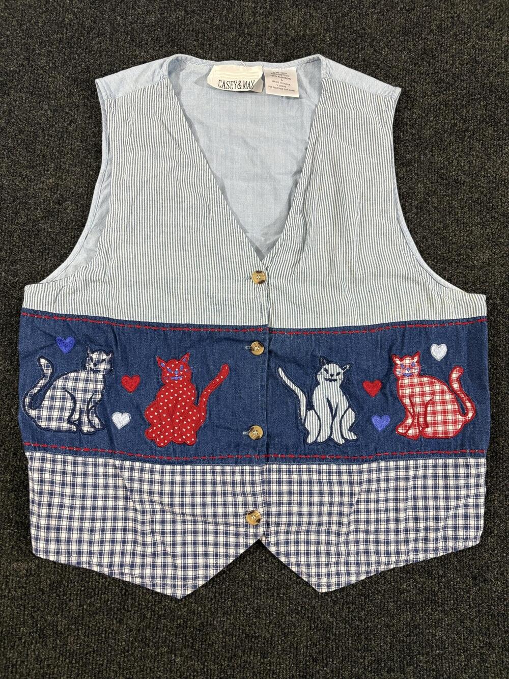 Casey & Max Vest Womens L Blue Cat Embroidered Patchwork Check Button Front